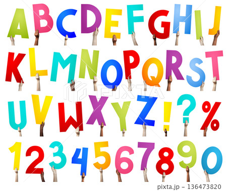 Alphabet - human hands holding colorful letters Alphabet - human hands holding colorful letters 136473820