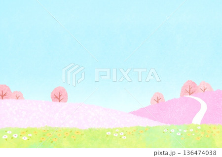 青空に桜が映える春の野山の風景イラスト 青空に桜が映える春の野山の風景イラスト 136474038