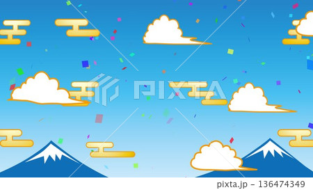 正月、年賀状、空、雲、フレーム、紙吹雪、青空、干支、風景、年賀、新年、 136474349