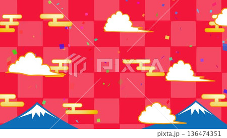正月、年賀状、空、雲、フレーム、紙吹雪、青空、干支、風景、年賀、新年、 136474351