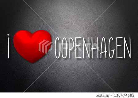 I love Copenhagen - heart shape, black background - 3D illustration 136474592