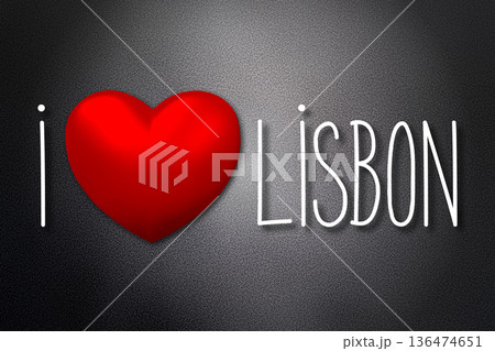 I love Lisbon - heart shape, black background - 3D illustration 136474651