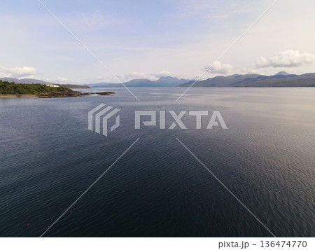 Remote scottish loch waters reflecting cloudy sky 136474770