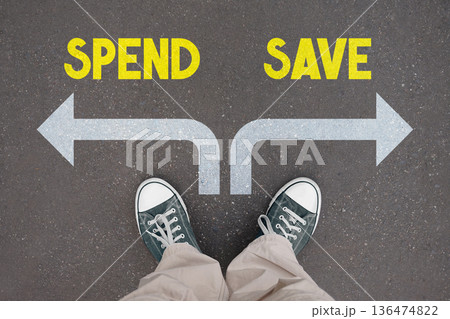 Spend and save concept - legs with trainer shoes Spend and save concept - legs with trainer shoes 136474822