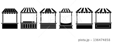 Market Stall and Street Vendor Booth Silhouettes with Striped Awning Canopy 136474858