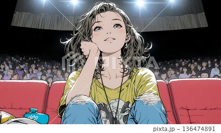 映画や演劇を鑑賞している若い女性