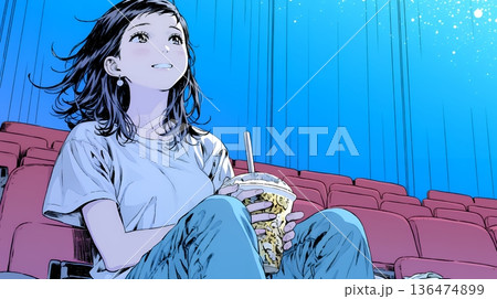 映画や演劇を鑑賞している若い女性