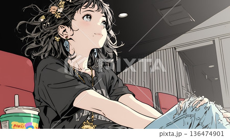 映画や演劇を鑑賞している若い女性