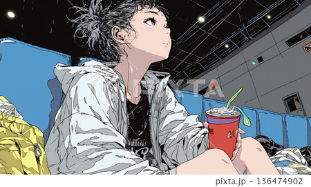 映画や演劇を鑑賞している若い女性