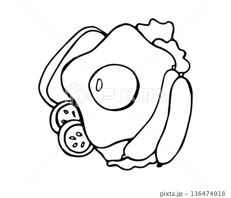 Hand Drawn Breakfast with Omelet Sausages Tomatoes and Bread Line Art Illustration Hand Drawn Breakfast with Omelet Sausages Tomatoes and Bread Line Art Illustration 136474918