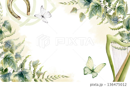 Fern and ivy in enchanting corner frame,with gold watercolor splashes and Irish symbols harp,horseshoe,Celtic triad,green,white butterflies.For mystical wedding invites,Irish heritage,stationery Fern and ivy in enchanting corner frame,with gold watercolor splashes and Irish symbols harp,horseshoe,Celtic triad,green,white butterflies.For mystical wedding invites,Irish heritage,stationery 136475012