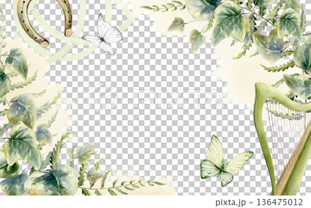 Fern and ivy in enchanting corner frame,with gold watercolor splashes and Irish symbols harp,horseshoe,Celtic triad,green,white butterflies.For mystical wedding invites,Irish heritage,stationery Fern and ivy in enchanting corner frame,with gold watercolor splashes and Irish symbols harp,horseshoe,Celtic triad,green,white butterflies.For mystical wedding invites,Irish heritage,stationery 136475012