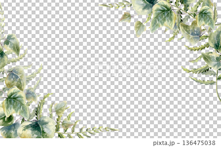 Fern leaves,ivy twigs in corner frame of mysterious,designed as a forest themed card template.Watercolor,delicate details,nature border for wedding invitations,woodland branding,magical storytelling 136475038