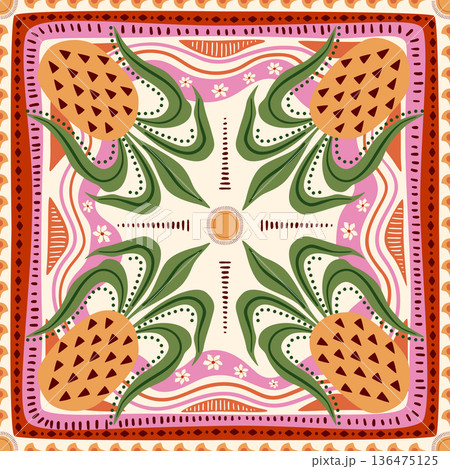 Tropical fruit tile, scarf, square seamless pattern with pineapple, geometric checkered ornament. Vector summer print Tropical fruit tile, scarf, square seamless pattern with pineapple, geometric checkered ornament. Vector summer print 136475125