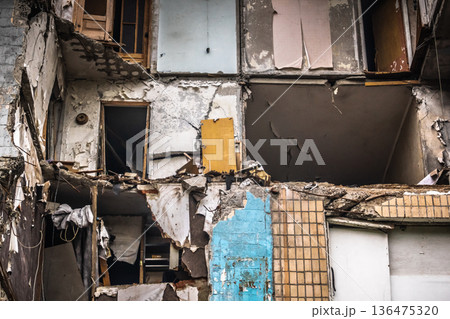 Damaged building in Saltivka, Kharkiv, Ukraine Damaged building in Saltivka, Kharkiv, Ukraine 136475320