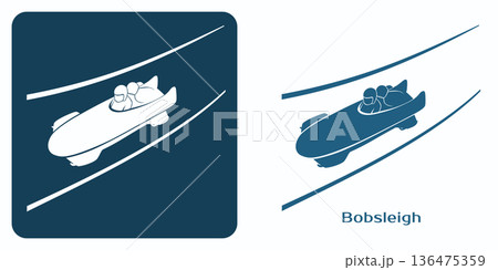 Stylized icon of bobsleigh with athletes in aerodynamic sled on icy track. 136475359