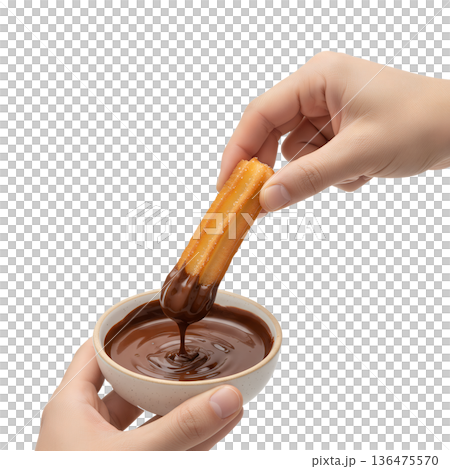 Hand dipping a warm, golden-brown, cinnamon-sugar churro into a cup of rich, thick melted chocolate sauce, isolated. Perfect for dessert lovers Hand dipping a warm, golden-brown, cinnamon-sugar churro into a cup of rich, thick melted chocolate sauce, isolated. Perfect for dessert lovers 136475570