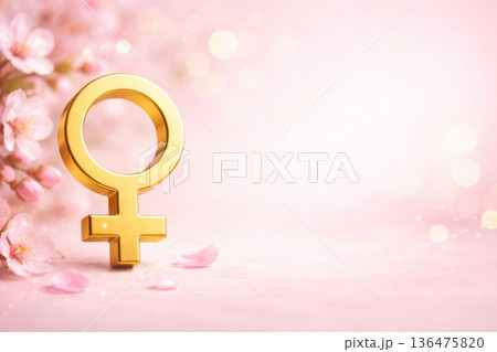 Venus sign 3d icon for 8 March holiday with flowers and bokeh light. Feminine background with copy space. 136475820