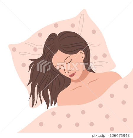 Woman sleeping peacefully on a pillow. Beautiful girl sleeping in bed. Illustration. Woman sleeping peacefully on a pillow. Beautiful girl sleeping in bed. Illustration. 136475948