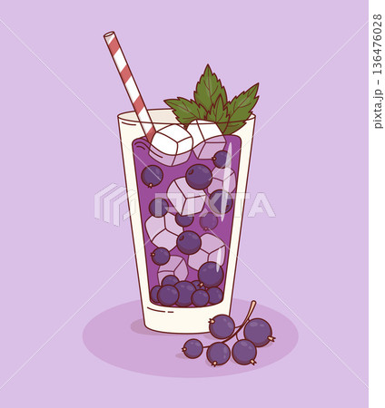 Purple Blackcurrant Drink with Ice Cubes, Berries and Mint Leaves. Summer Refreshing Lemonade Healthy Seasonal Cocktail in glass and straw. Vector Illustration 136476028