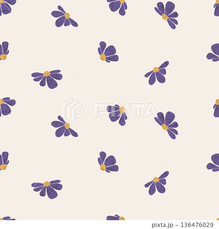 Seamless Floral Pattern With Hand-Drawn Abstract Blooming Purple Flowers And Textured Crayon Hatching on Light Background. Vector Square Illustration 136476029
