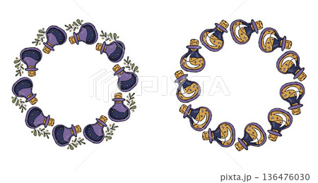Mystical Round Wreaths Set. Isolated Circular Frames with Magical potion bottle with Crescent Moon and Branch. Color Hand Drawing Doodle for magic, esoteric design. Vector Illustration 136476030