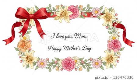 リボンと花の装飾フレーム母の日カード 136476330