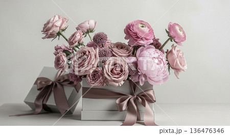 ピンクのバラとラナンキュラスの上品な花箱ギフト ピンクのバラとラナンキュラスの上品な花箱ギフト 136476346