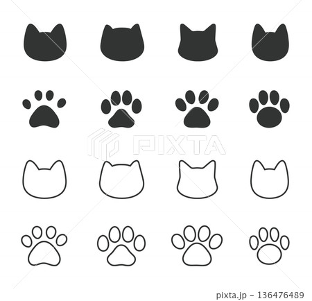 猫と肉球・足跡の手書きイラストセット　黒 136476489