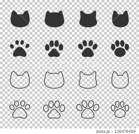 猫と肉球・足跡の手書きイラストセット　黒 136476489