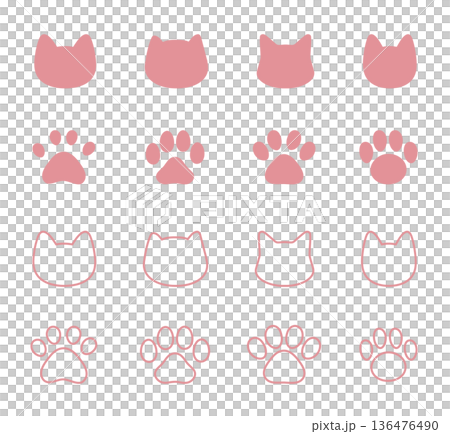 Hand-drawn illustration set of cats, paws, and footprints in pink 136476490