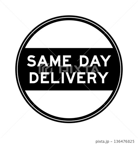 Black color round seal sticker in word same day delivery on white background 136476825