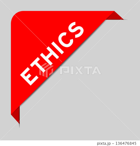 Red color of corner label banner with word ethics on gray background 136476845