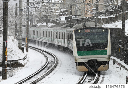 雪の中を走るE233系電車 136476876
