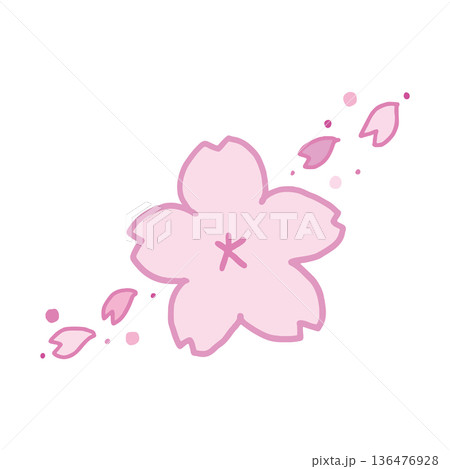 春のPOP挿絵に使えるシンプルな手書きのピンク色の桜の花と花びらのイラスト 136476928