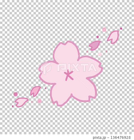 春のPOP挿絵に使えるシンプルな手書きのピンク色の桜の花と花びらのイラスト 136476928