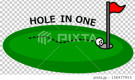 趣味でするゴルフで奇跡的にホールインワンするイスショットのイラスト 136477953