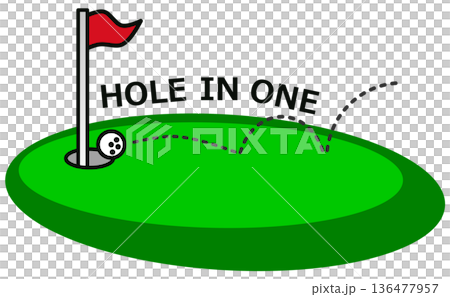 趣味でするゴルフで奇跡的にホールインワンするイスショットのイラスト 136477957