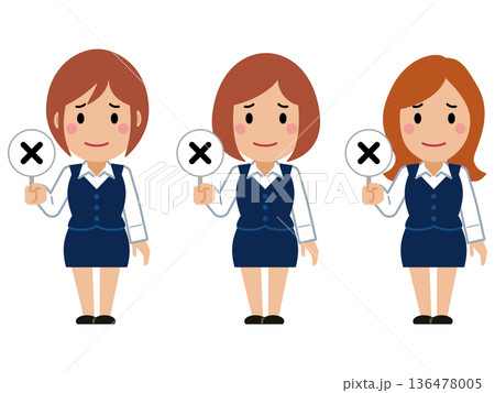 不正解の札を上げるネイビー事務服の若い女性 136478005