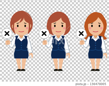 不正解の札を上げるネイビー事務服の若い女性 136478005