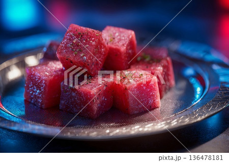 Innovative Artificial Meat Displayed Elegantly on a Metallic Plate Generative AI Innovative Artificial Meat Displayed Elegantly on a Metallic Plate Generative AI 136478181