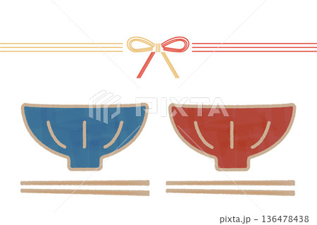 夫婦茶碗と水引を描いたお祝いイメージのイラスト 136478438