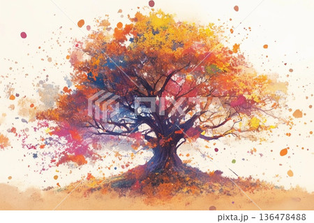 Vibrant Autumn Tree Stands Proudly in a Colorful Landscape of Swirling Hues Generative AI 136478488