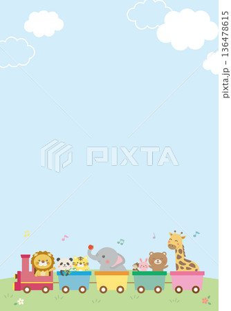 動物たちが汽車に乗るかわいい背景フレーム（タテ） 136478615