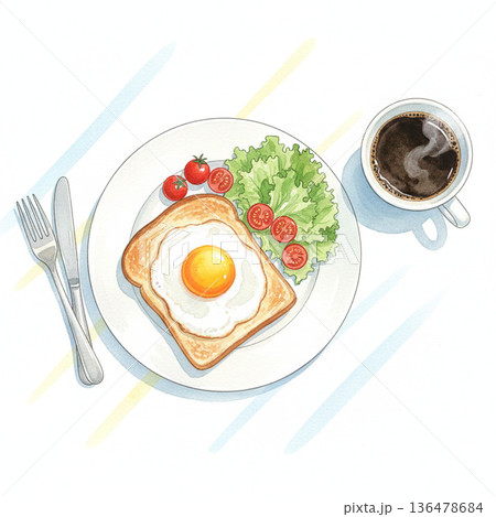 パン・ベーカリーシリーズ：トーストと目玉焼きの完璧な朝食モーニングプレート 136478684