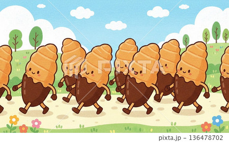 パン・ベーカリーシリーズ：行進するチョココロネの可愛いキャラクターイラスト 136478702