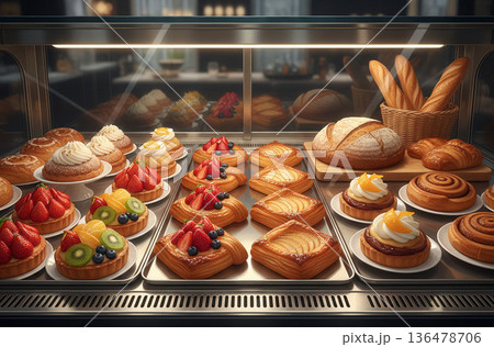 パン・ベーカリーシリーズ：ガラスのショーケースに並ぶ色とりどりのデニッシュ 136478706