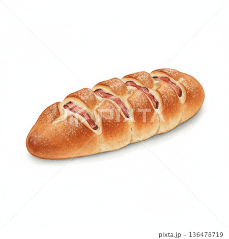 パン・ベーカリーシリーズ：麦の穂の形をしたベーコンエピの白背景イラスト 136478719