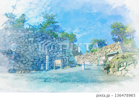 [三重県]松阪市にある松坂城の表門跡の水彩画 136478965