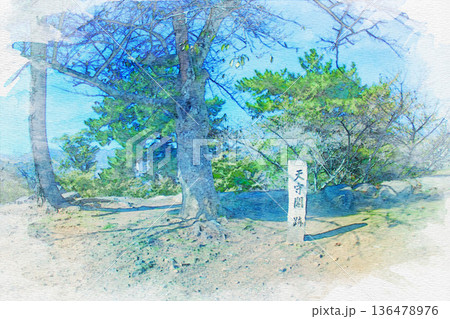 [三重県]松阪市にある松坂城の天守台の水彩画 136478976
